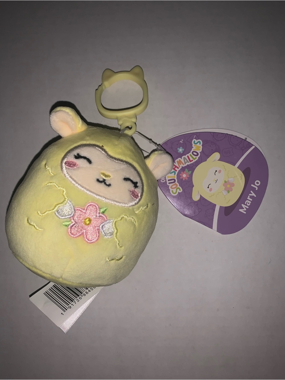 Squishmallows Mary Jo Yellow Plush Key Clip with Embroidered Flower